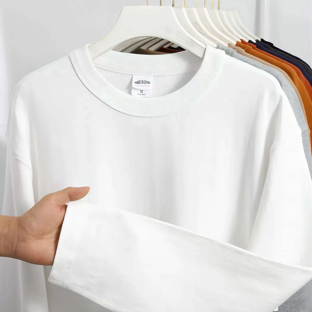 320g美式复古重磅T恤 做旧纯棉百搭宽松大码纯色休闲圆领长袖男