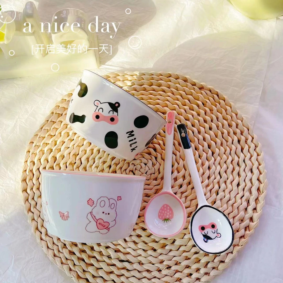 【2碗2勺】家用碗套装陶瓷餐具组合可爱卡通奶牛碗背包兔米碗汤碗勺