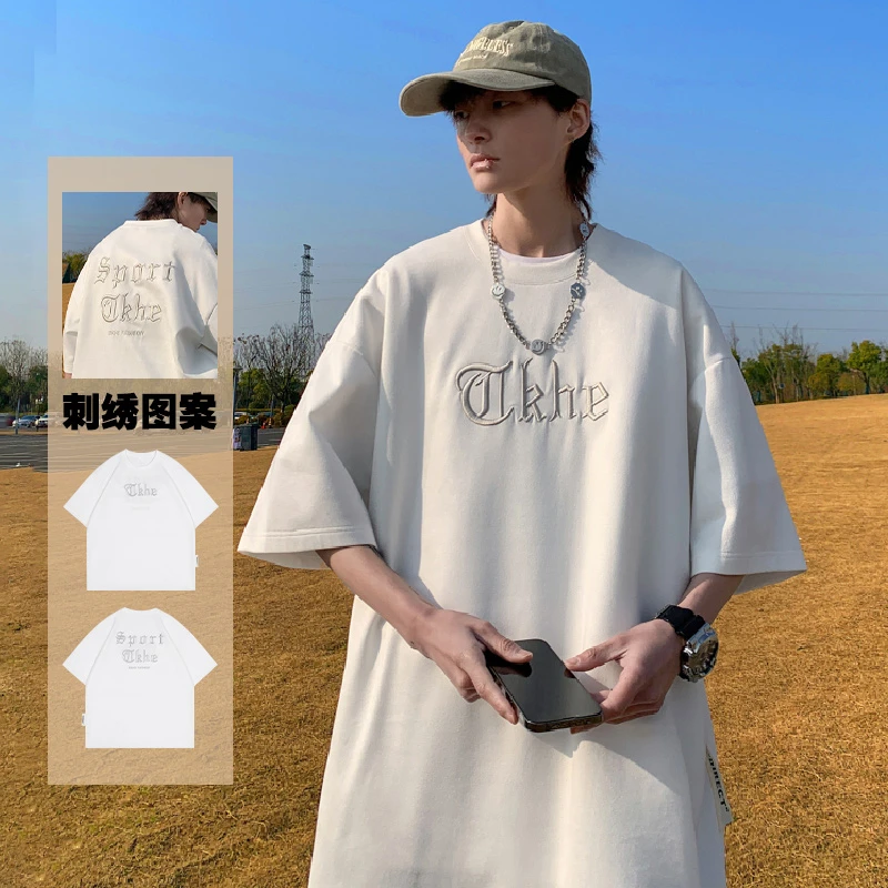 麂皮绒t恤男夏季美式复古高街潮牌刺绣短袖上衣宽松大码半袖体恤