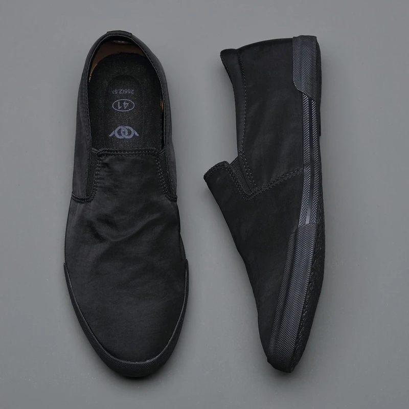 男士黑色低帮单鞋一脚蹬帆布鞋老北京懒人乐福休闲薄底鞋子板鞋潮