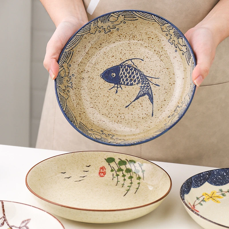日式餐具陶瓷盘子家用菜盘釉下彩陶瓷餐具鱼乐饭盘深盘汤盘餐盘