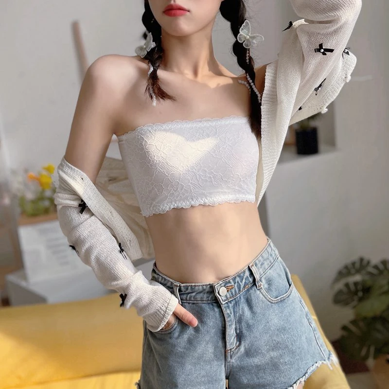 蕾丝防滑抹胸一片式防走光遮胸内搭裹胸打底无肩带内衣少女围胸夏