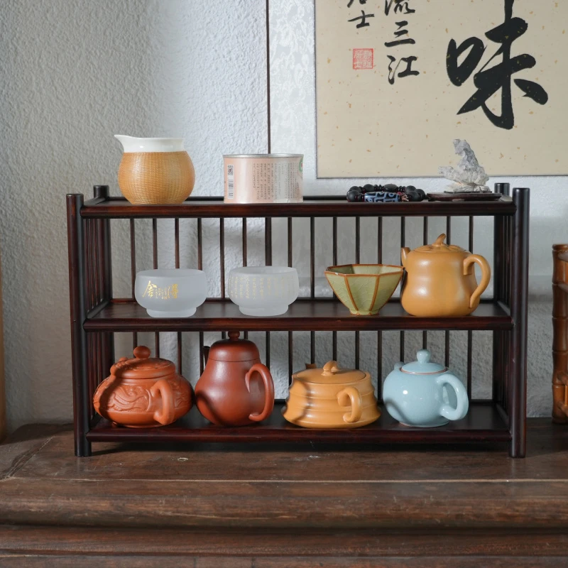 楠竹杯架壶架茶具收纳茶棚博古架黑色雅致家居收纳整理复古新中式