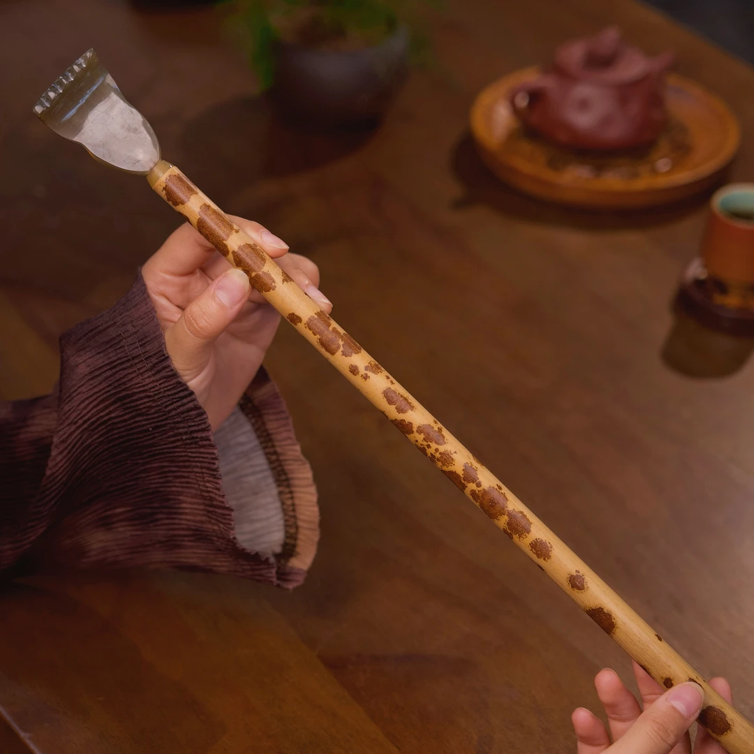 湘妃竹柄镶花牛角不求人痒痒挠中式文玩茶道竹制痒扒长柄抓痒器