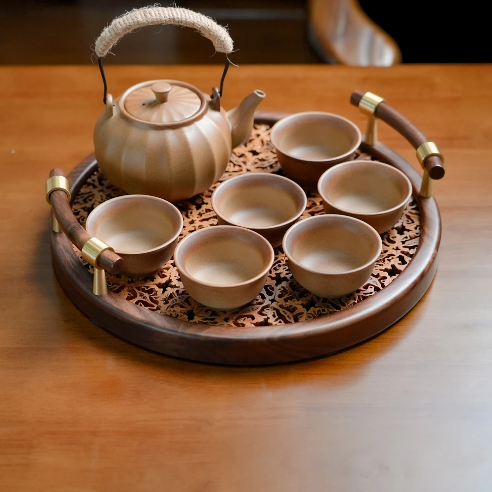 核桃茶盘圆形茶托盘带把手复古茶盘干泡盘中式家用干泡台纯手工