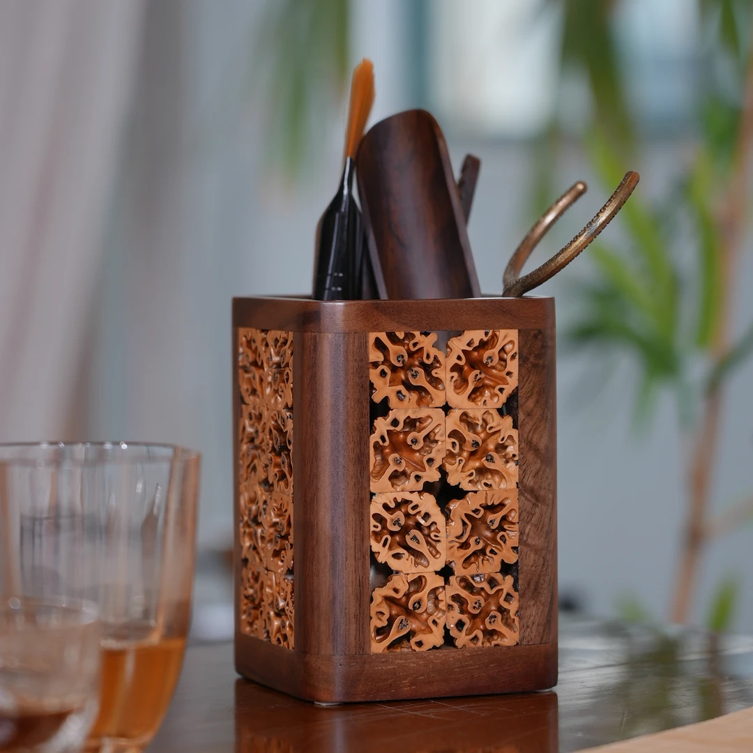 核桃正方形茶道六君子笔筒六件套茶夹茶道筒杯叉养壶笔手工轻奢