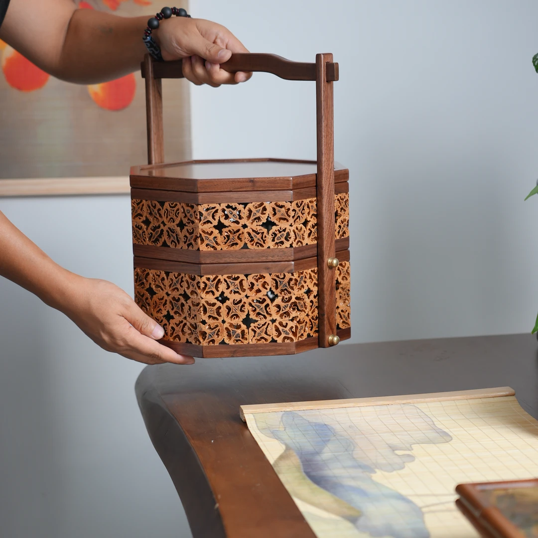 核桃八角双层食盒提篮带盖收纳篮筐新中式复古国风镂空茶具收纳