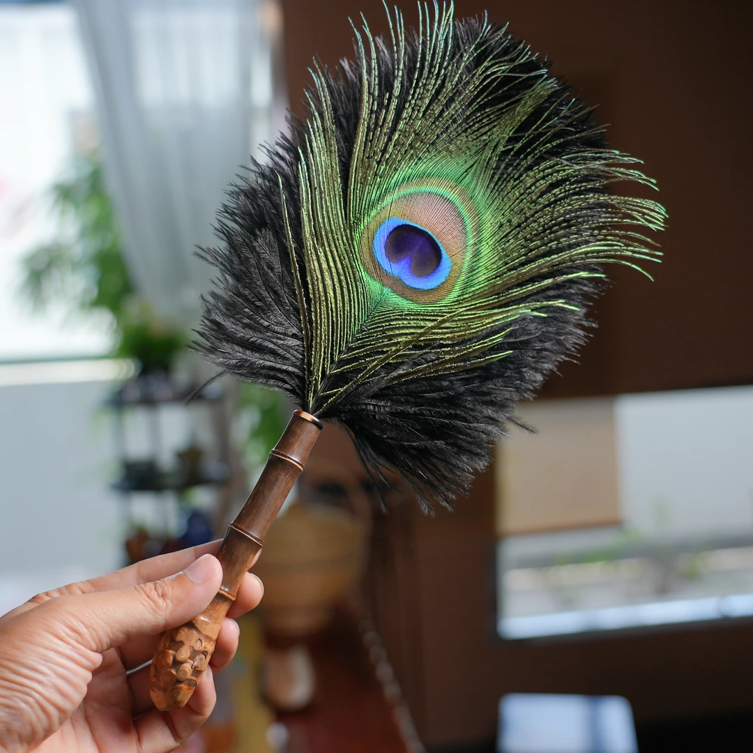 木善远观孔雀翎鸵鸟羽毛静电除尘掸紫竹根茶室桌面扫灰清洁拂尘