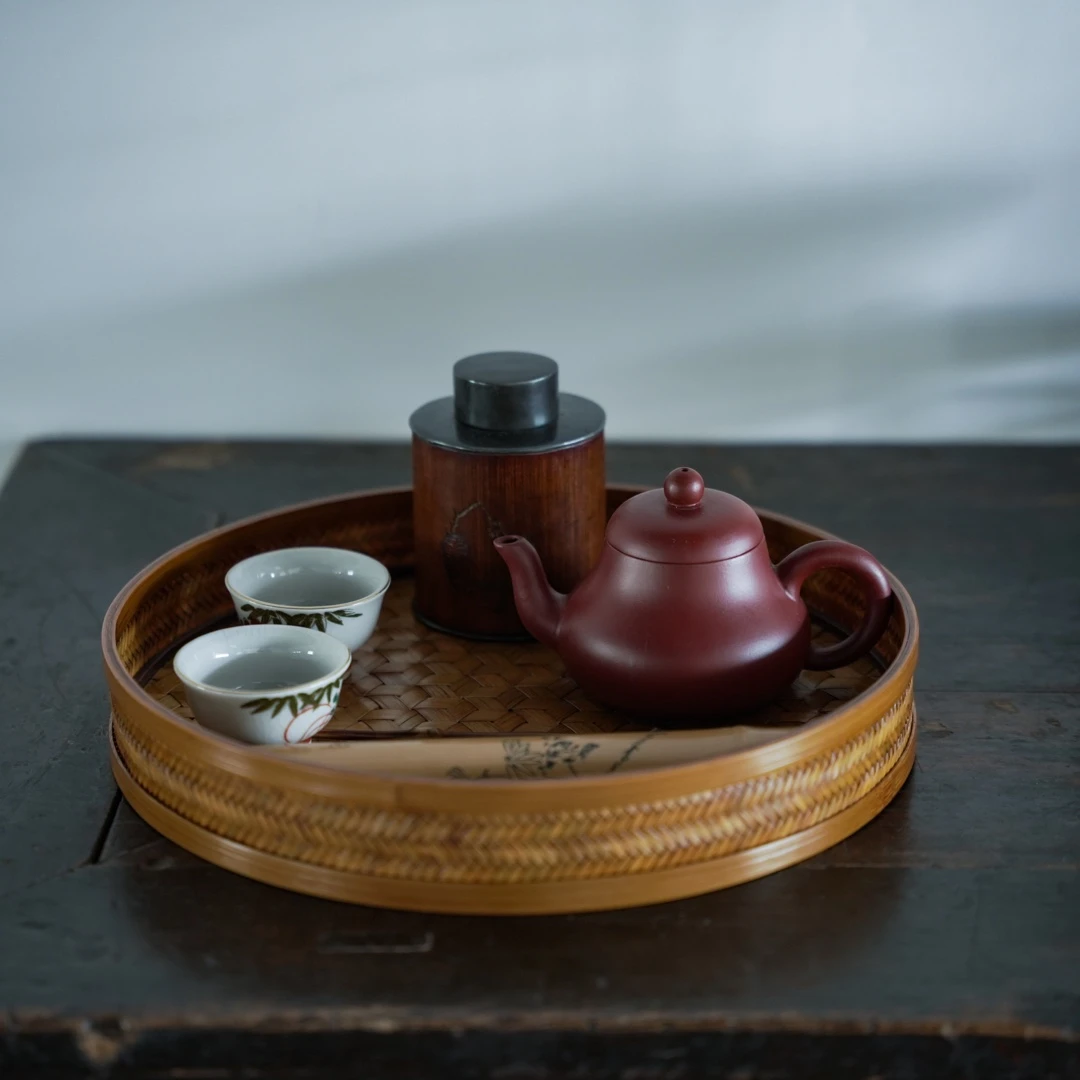 手工竹编奉茶盘圆果盘茶台大漆
