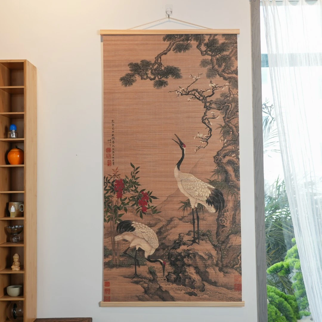 【松鹤图 】 茶席挂画竹帘竹丝画背景墙壁画客厅玄关装饰画