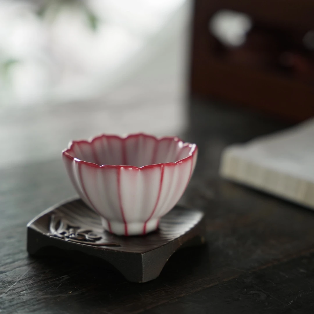 古琰猪油冻汝窑荷花茶杯茶盏品茗杯主人杯花瓣杯粉色佳人莲花杯