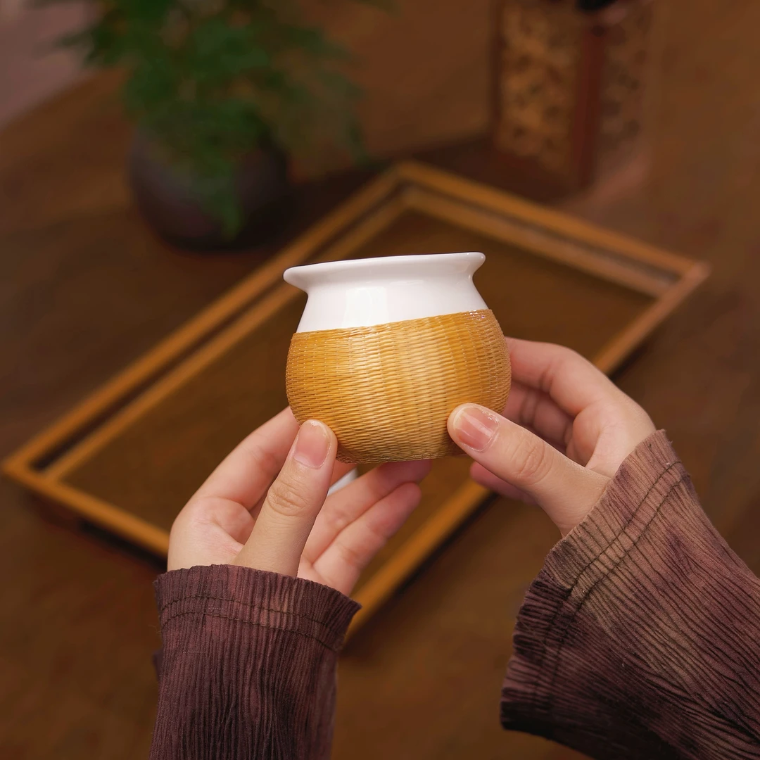 新款竹编细丝扣瓷公道杯