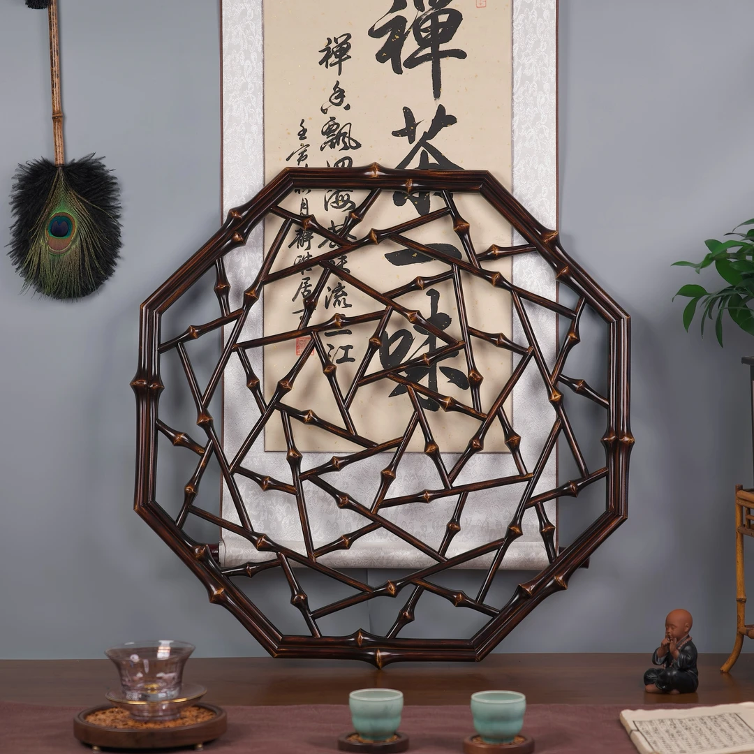筇竹花格窗中式仿古手工可壁挂花器茶室儿边形吊顶玄关挂件