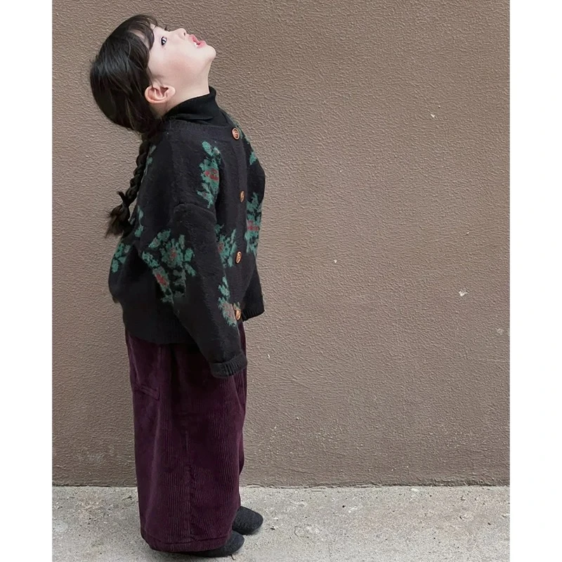 现货【BL-198】2024韩版女童复古金扣刺绣绿花毛衣&灯芯绒阔腿裤