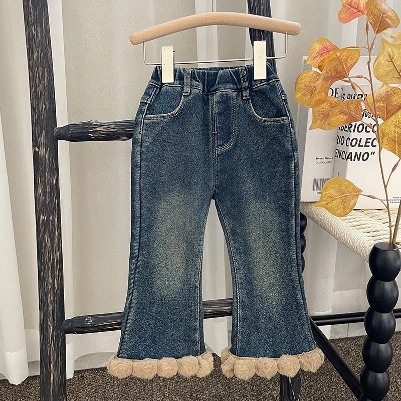 【BA黎】2023秋冬女童新款韩版小香风喇叭花边百搭加绒加厚牛仔裤