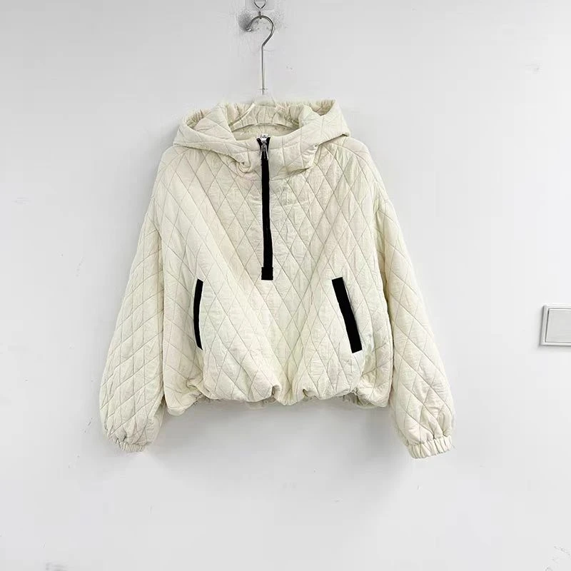 欧货新款气质减龄百搭女卫衣2024冬季休闲宽松菱形棉服外套上衣女