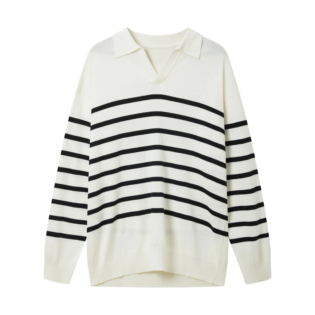 轻熟风翻领条纹毛衣潮流休闲宽松百搭套头针织打底衫XJ23243