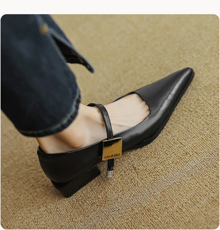 里外纯皮 牛皮3.5cm尖头百搭女士软底玛丽珍女士单鞋时尚皮鞋粗跟