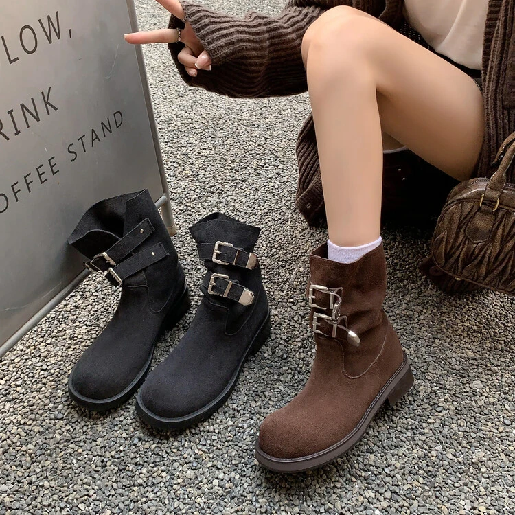 休闲穿搭！！废土风帅气皮带扣磨砂中筒靴复古圆头低跟英伦风短靴