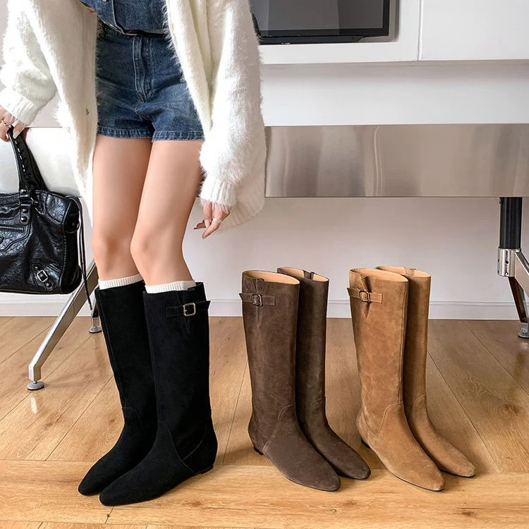 小众轻奢套筒一脚蹬内增高磨砂牛仔靴高筒真皮老钱风两穿时尚长靴