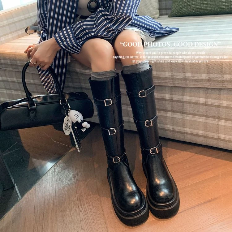 高筒靴一脚蹬厚底 不挑腿围 跟高6.5【高定轻奢】酷黑色高筒靴舒适