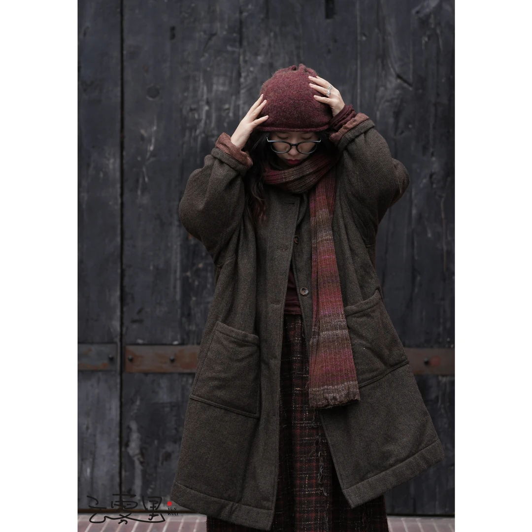 云雾里 原创设计复古文艺宽松休闲格纹长棉衣 1098