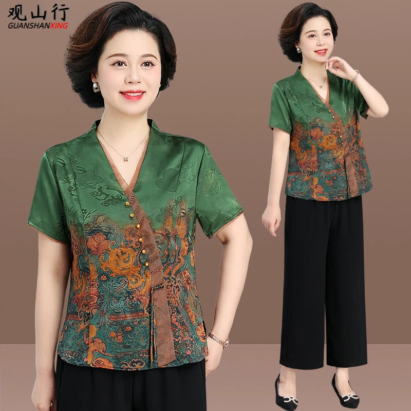 母亲节妈妈夏装雪纺套装新中式短袖上衣奶奶装老年人仿真丝小衫女