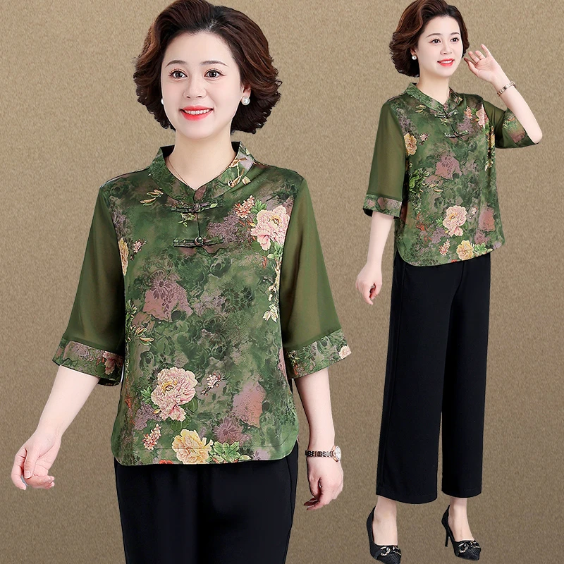 妈妈七分袖雪纺衫中国风唐装复古中式盘扣上衣50岁60奶奶夏装套装