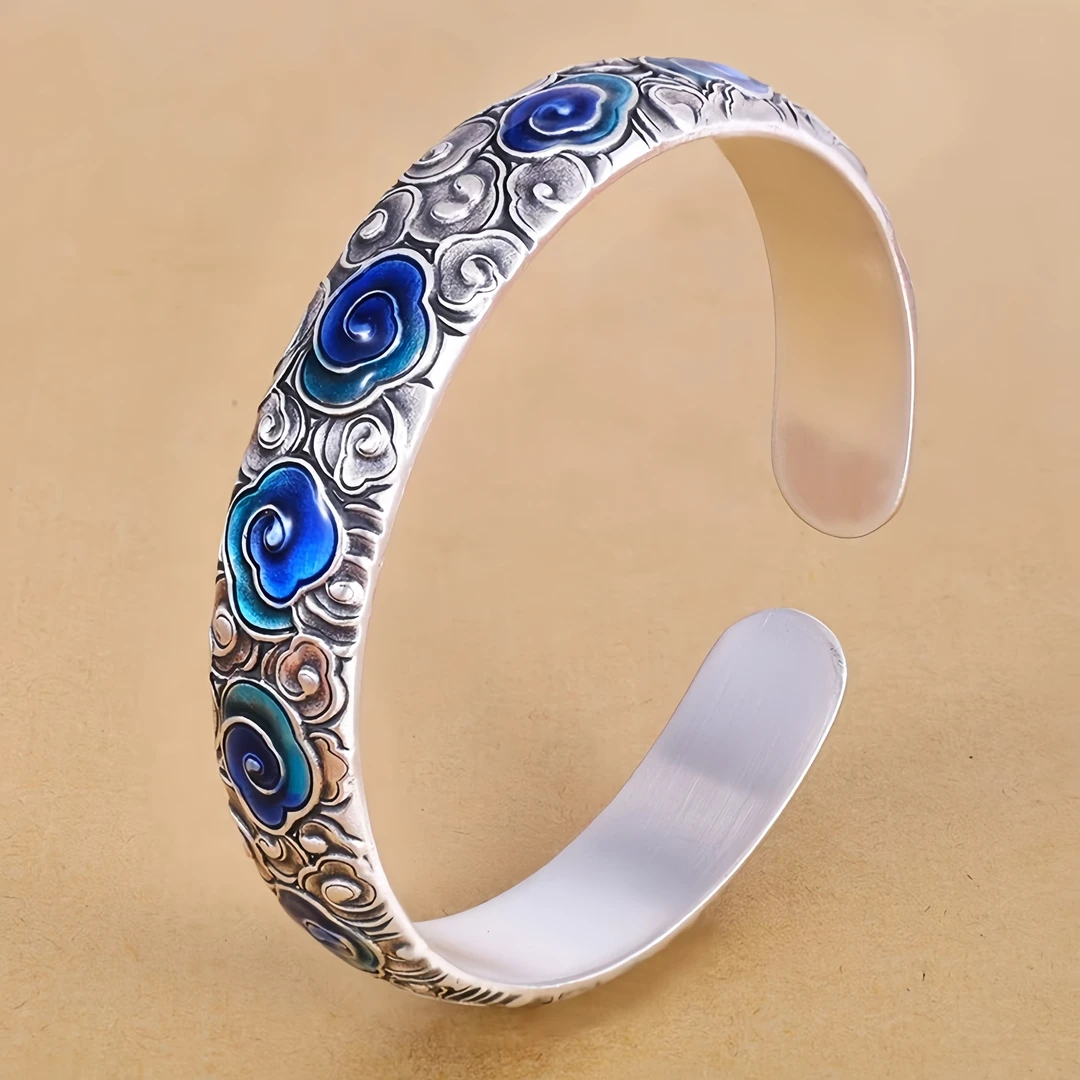 足银珐琅手镯 祥云足银手镯纯银珐琅彩复古实心开口民族风银镯礼