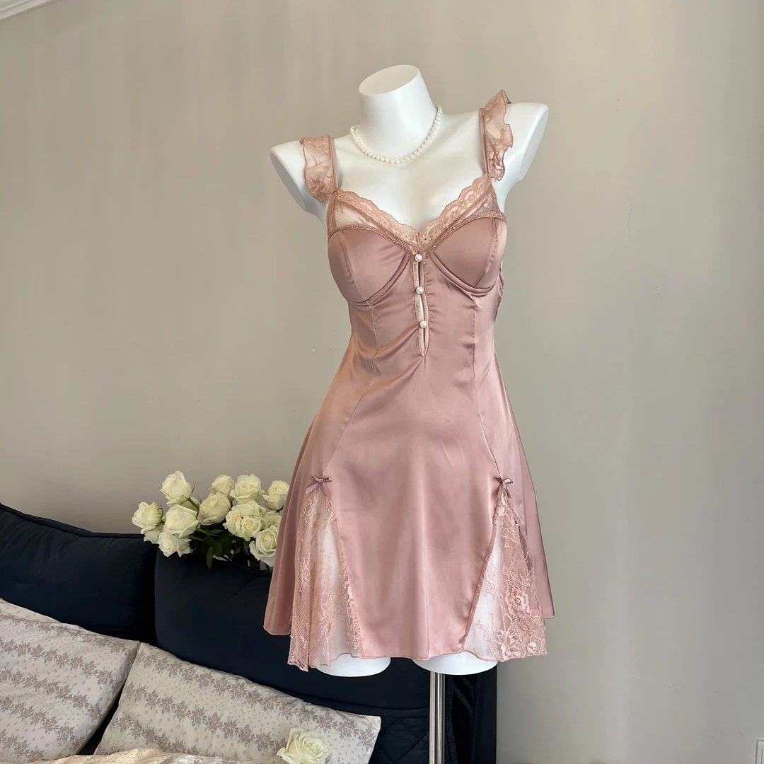 闭店青仓！法式性感缎面带胸垫纯欲甜美吊带睡裙夏季蕾丝显瘦
