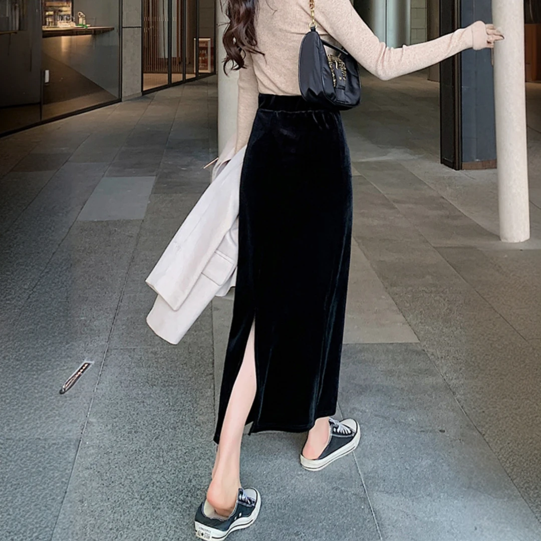 春季新款垂感金丝绒半身裙女胖mm大码垂感后开叉心机包臀裙H型裙