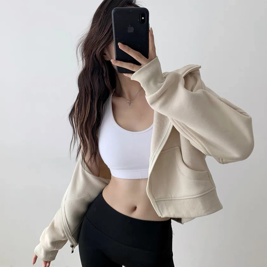 AMAZCOOL瑜伽薄绒短款宽松拉链连帽外套4355