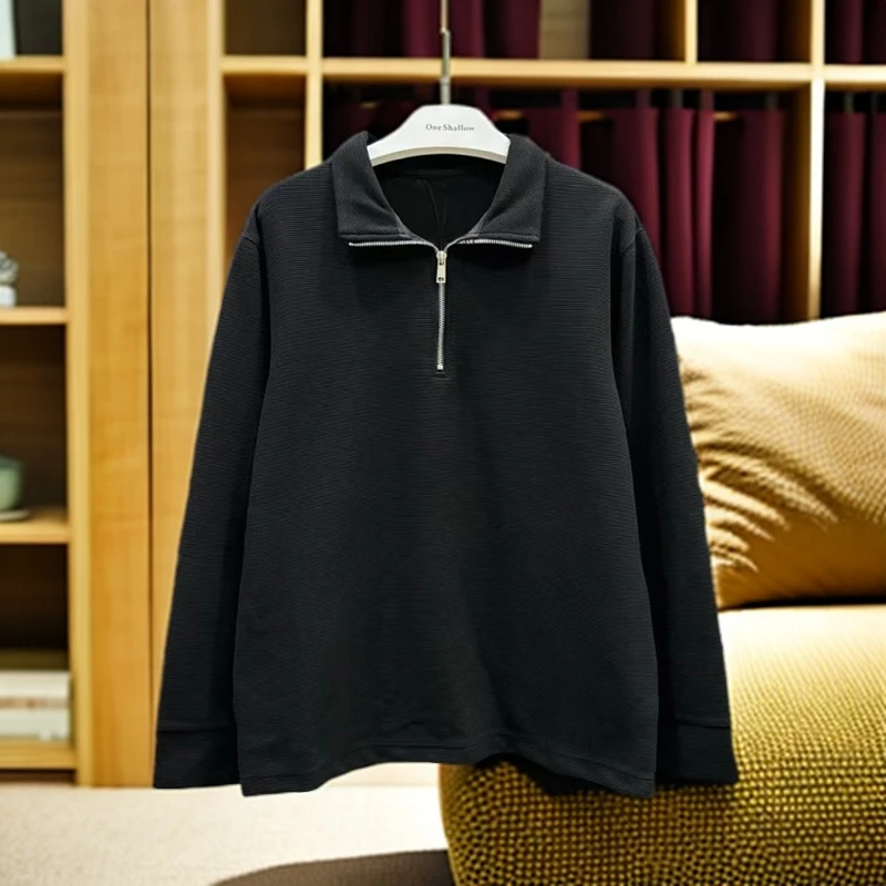 春秋半拉链纯色套头华夫格长袖卫衣4308