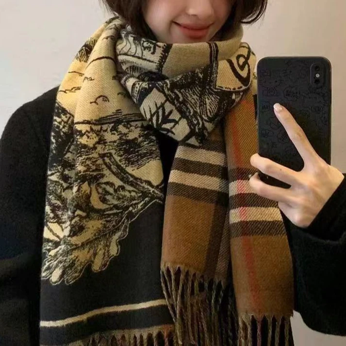 秋冬双面印花长款加厚保暖披肩围巾4635