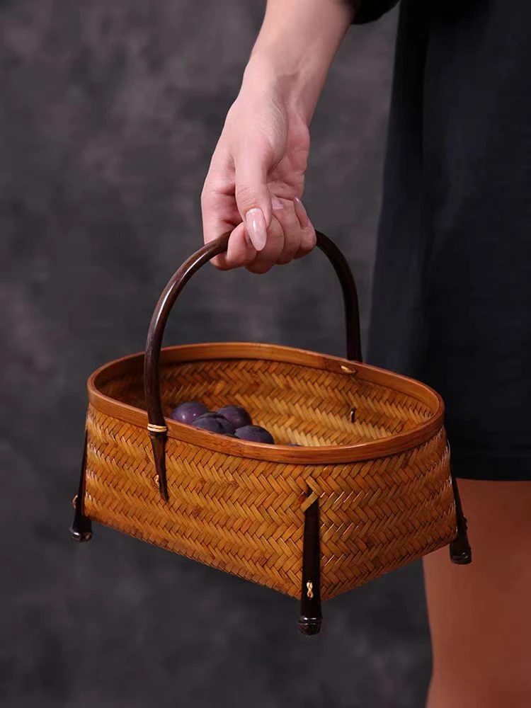悦喜阁手工竹编篮子大漆手提复古桌茶具收纳筐家用水果篮中式点心