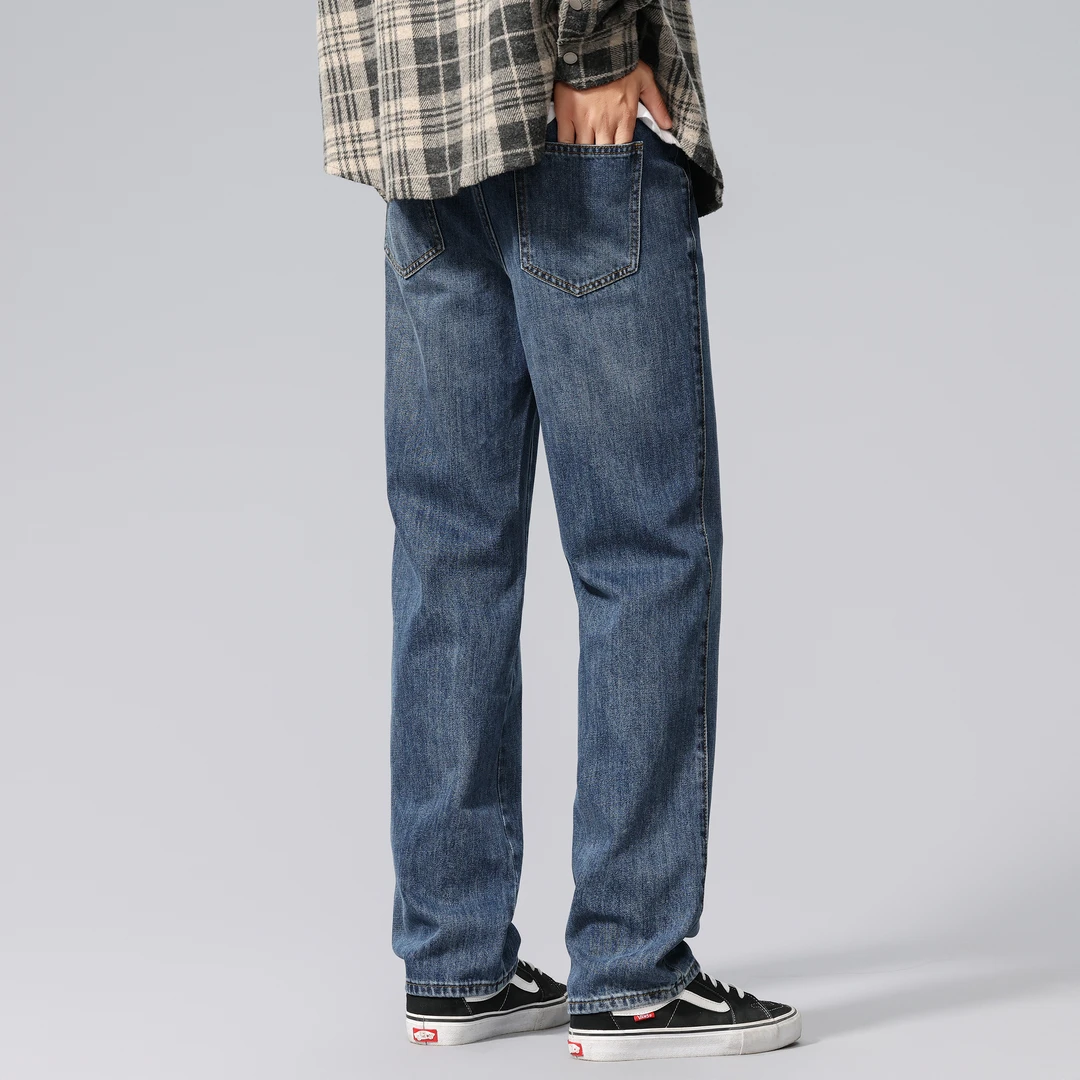 【KM】复古直筒牛仔裤美式显高显瘦微宽松潮流牛仔裤百搭半松紧水洗