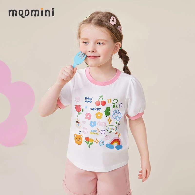 MQDMINI童装女童短袖t恤中小童撞色泡泡袖小清新上衣583220329YQ