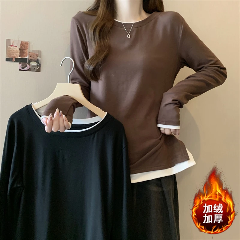加绒加厚美式纯色百搭秋冬上衣胖mm大码假两件设计减龄长袖打底衫
