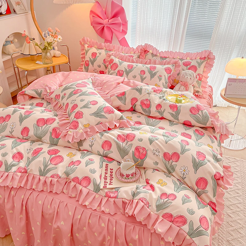 韩版田园风床裙款四件套韩式花边被套枕套磨毛床上用品宿舍三件套