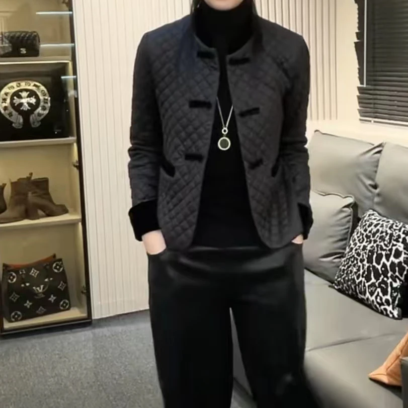秋冬新款时尚洋气外套宽松遮肉气质显瘦百搭新中式盘扣女款黑棉服
