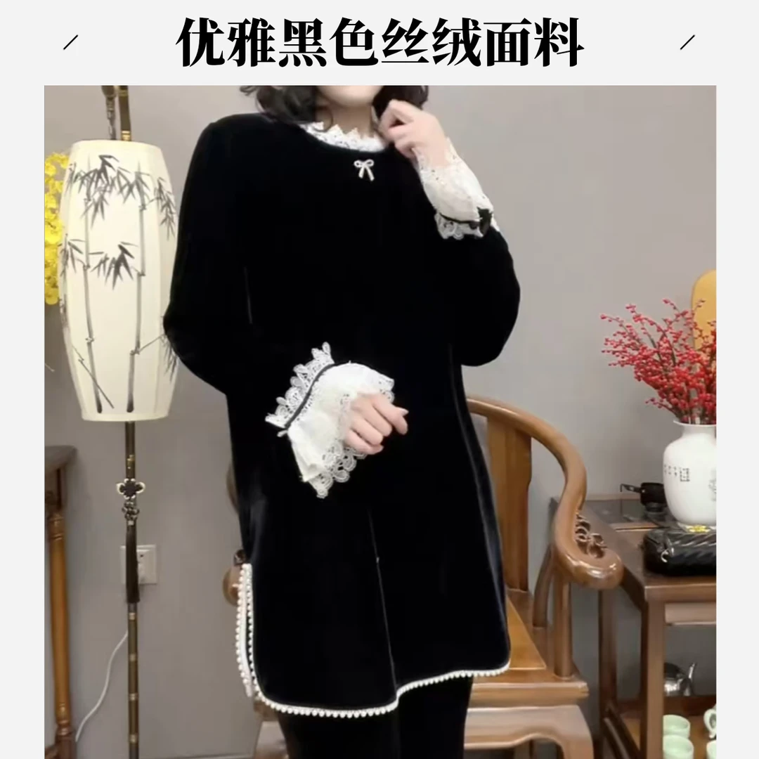 秋冬新款时尚洋气气质百搭遮肉显瘦重工丝绒拼接蕾丝花边中长裙子