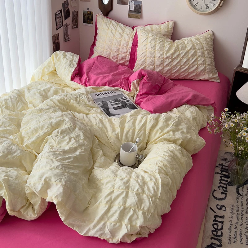 巨柔软-甜美少女泡泡纱双拼四件套学生宿舍三件套亲肤柔软透气