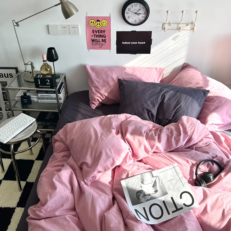 简约北欧ins风床上用品四件套裸睡水洗被套混搭三件套纯色床单
