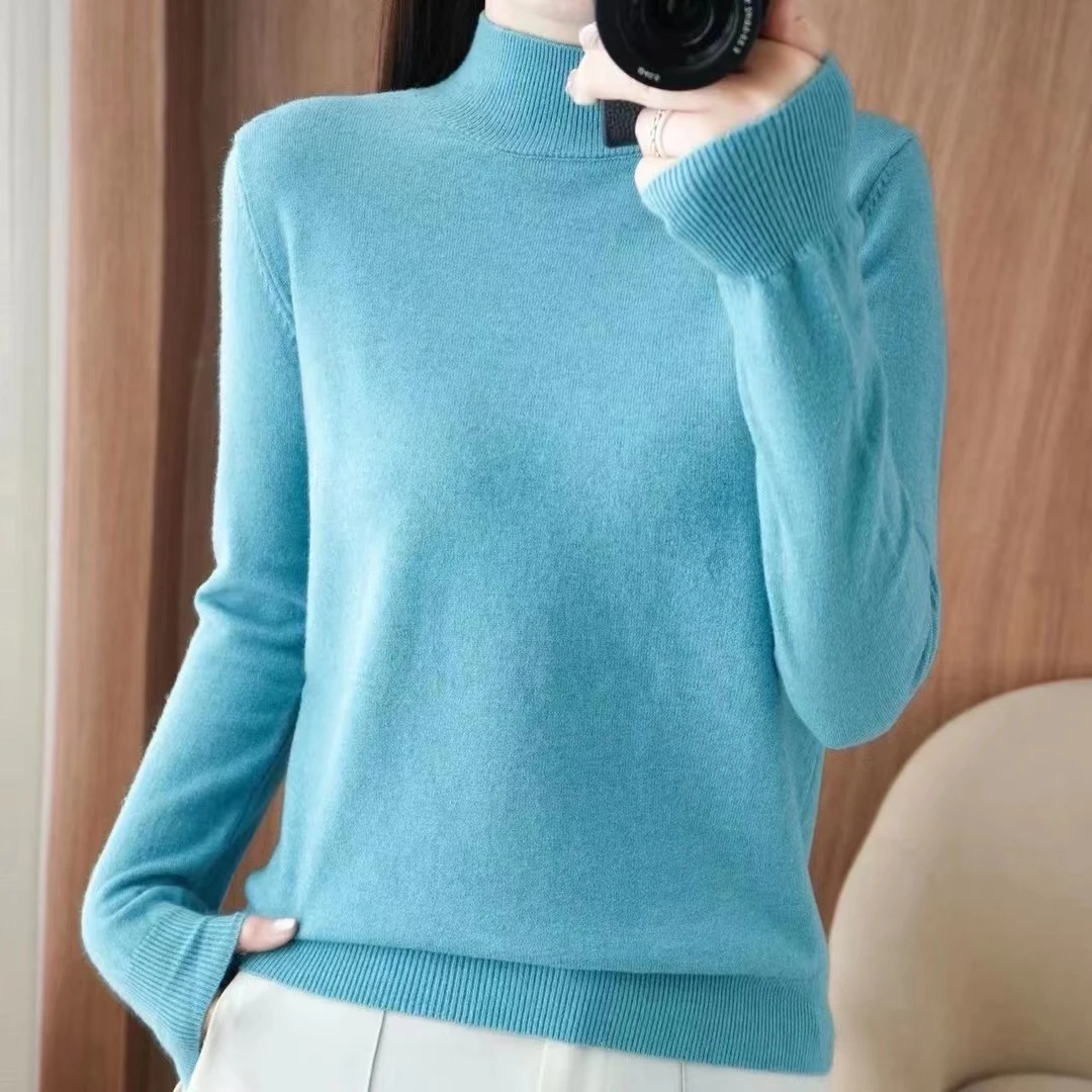 2024早春新款纯色打底衫长袖女针织百搭纯色套头半高领时尚毛衣38