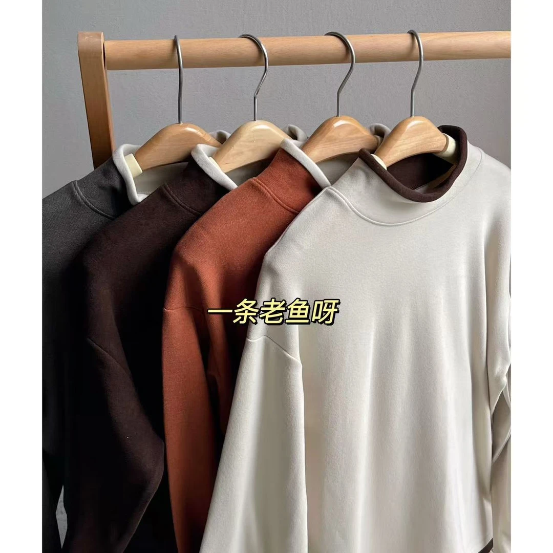 R 半高领加绒加厚拼色打底衫女 秋冬保暖内搭