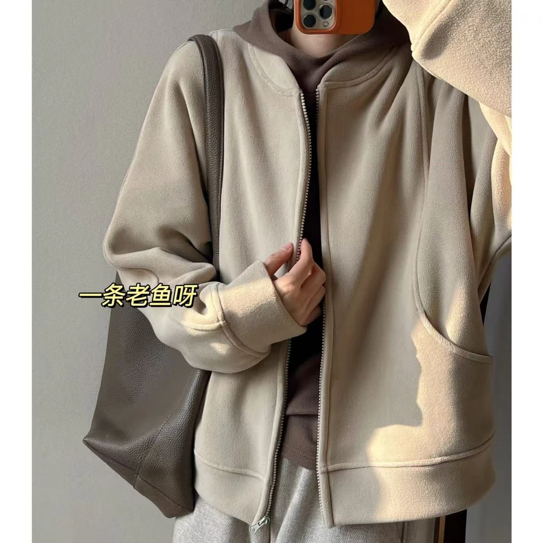 R 一条老鱼呀 双面加绒加厚拉链卫衣外套女春款