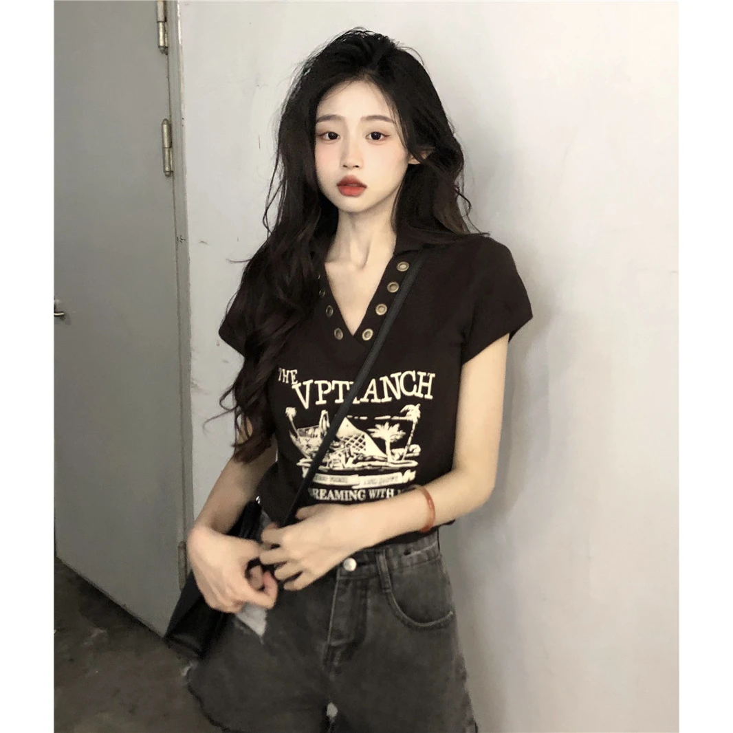 大码女装V领正肩短袖T恤女2025夏季新款美式复古修身辣妹短款上衣