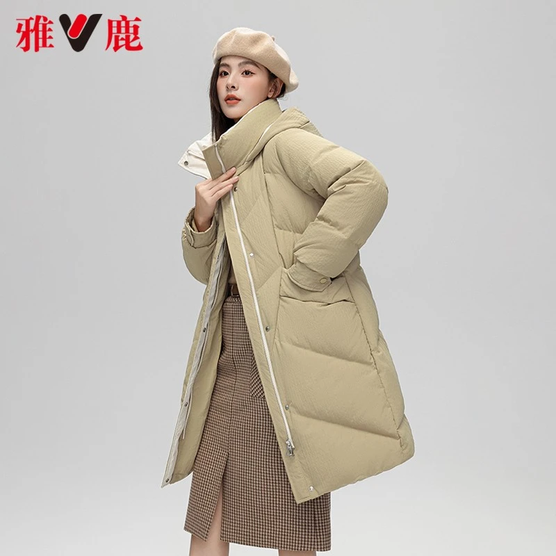 雅鹿羽绒服女秋冬2024新款中长款黑色过膝拆卸连帽保暖外套