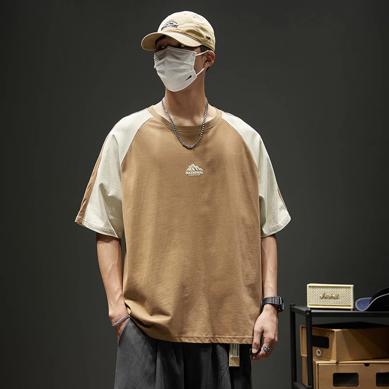 SH/重磅百搭短袖t恤男2024夏季新款美式潮牌拼接撞色印花休闲宽松