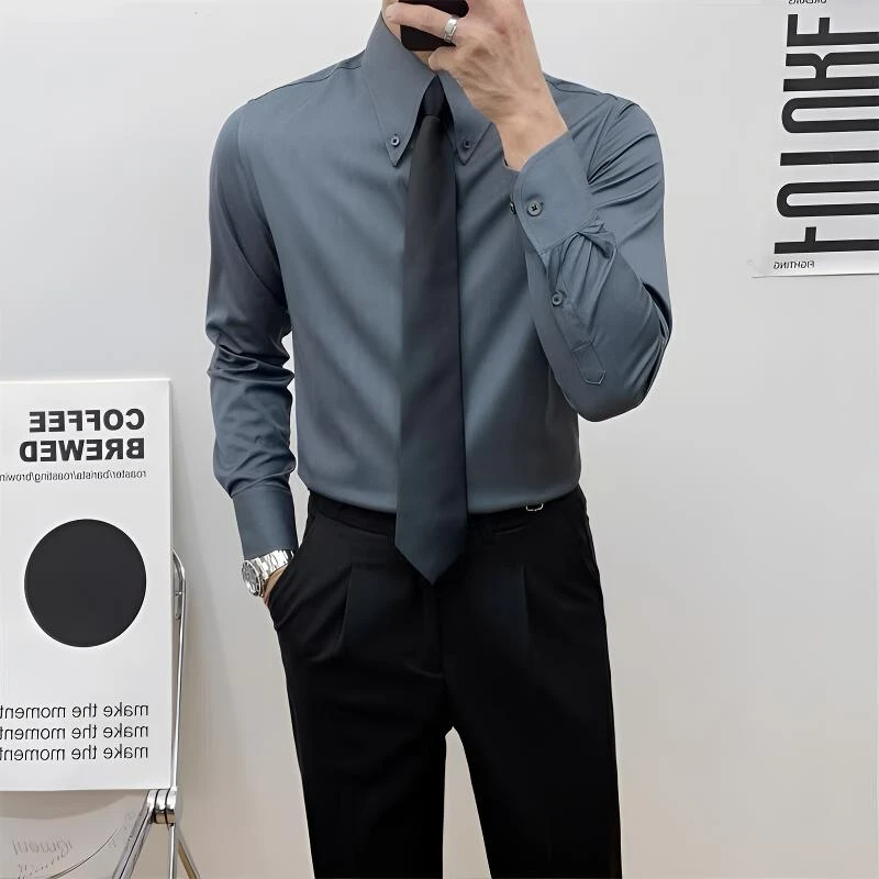 秋季意式长尖领衬衫男士长袖修身商务休闲高级感英伦职业正装衬衣